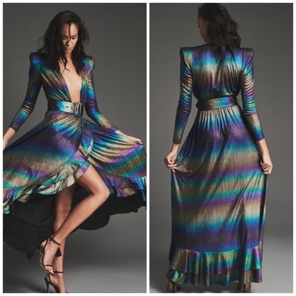 Retrofete Harmony Metallic Belted Ruffle Maxi Dress Medium - Picture 2 of 10